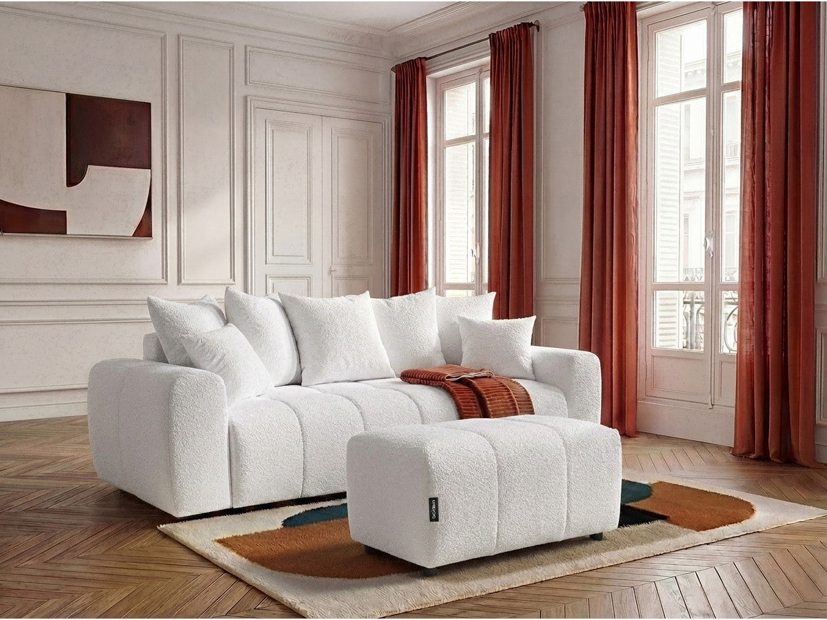Canapé droit 3 places convertible ROXELANE tissu bouclette avec pouf