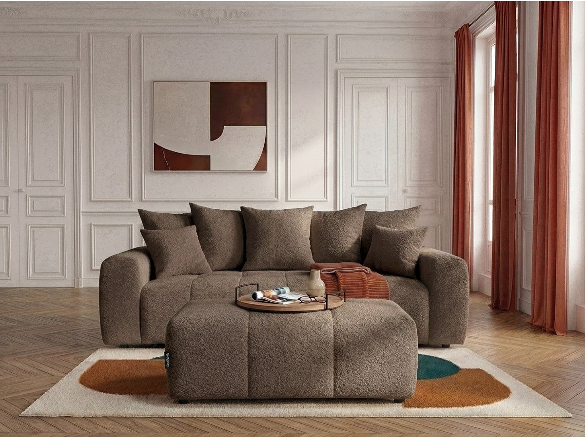 Canapé droit 3 places convertible ROXELANE tissu bouclette avec pouf