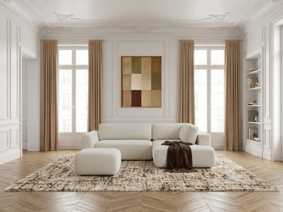 Canapé angle L convertible coffre DENISE tissu texturé avec pouf