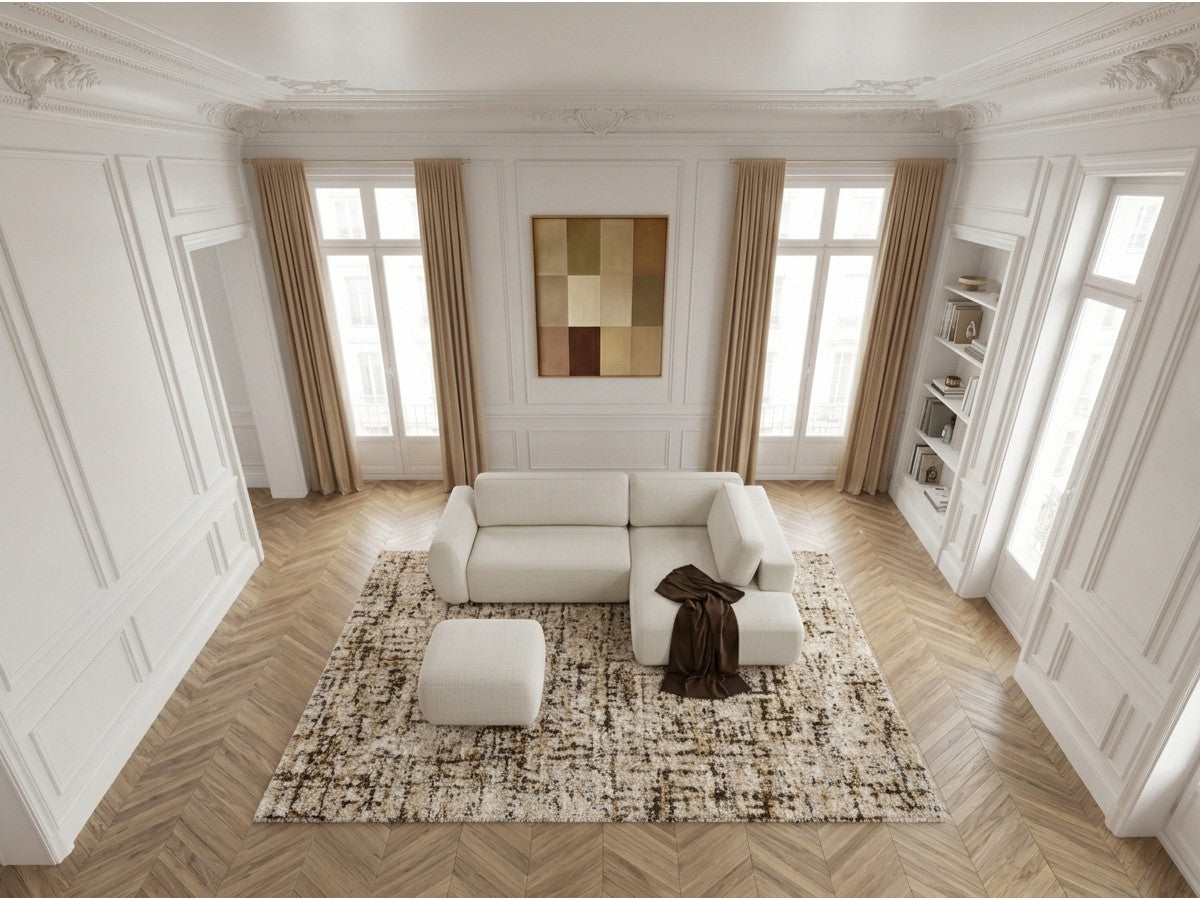 Canapé angle L convertible coffre DENISE tissu texturé avec pouf