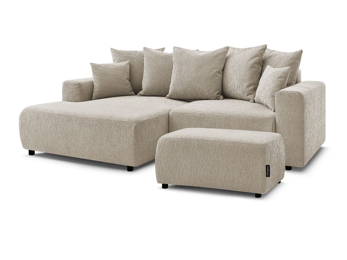Canapé d'angle convertible coffre ATILLA tissu texturé avec pouf