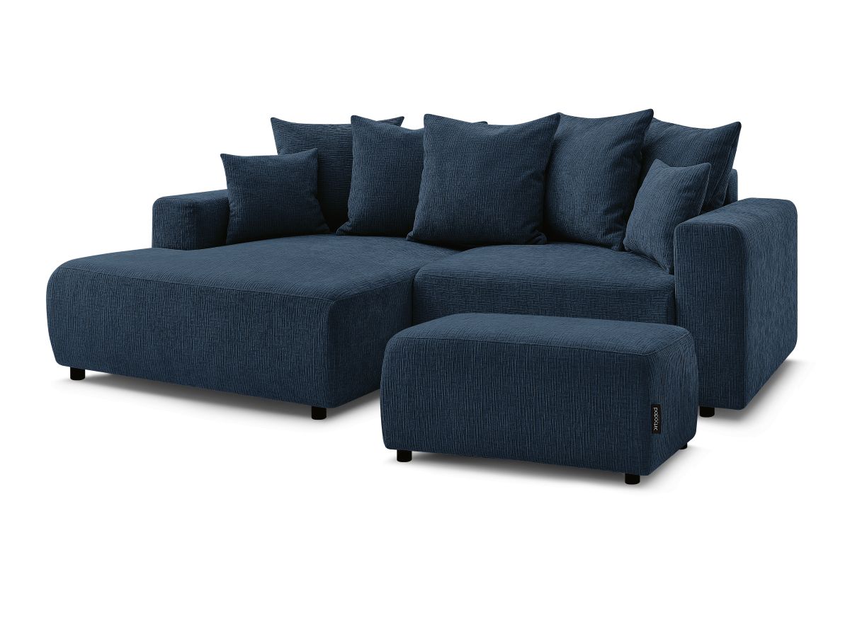 Canapé d'angle convertible coffre ATILLA tissu texturé avec pouf