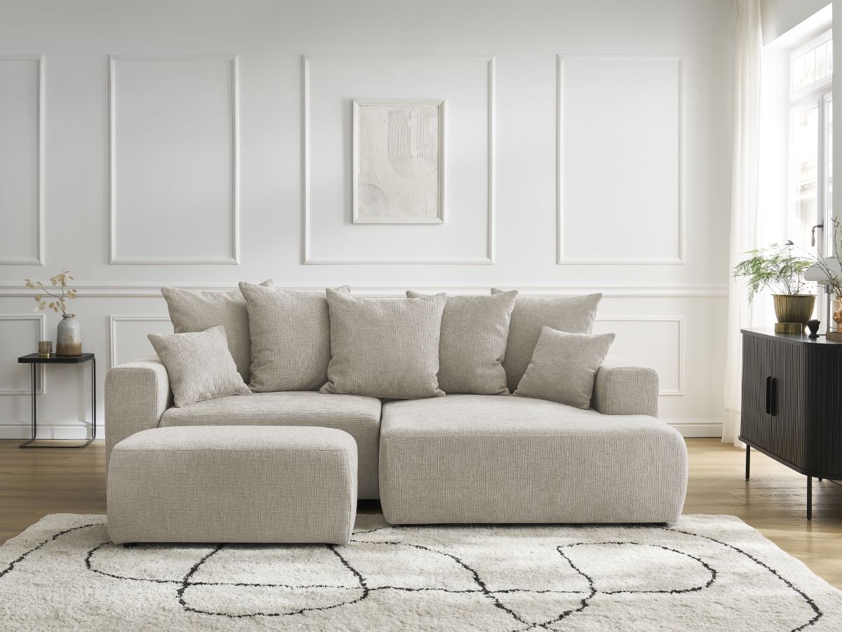 Canapé d'angle convertible coffre ATILLA tissu texturé avec pouf
