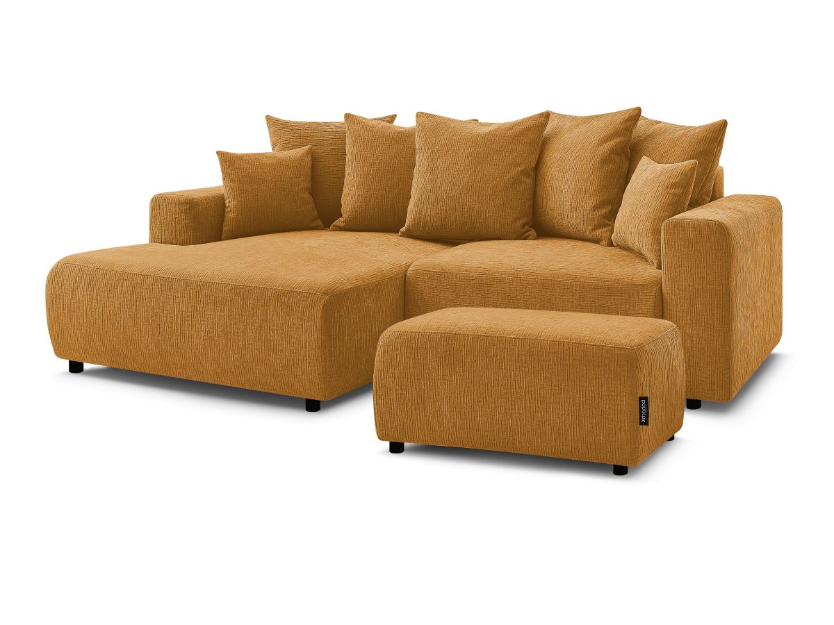 Canapé d'angle convertible coffre ATILLA tissu texturé avec pouf