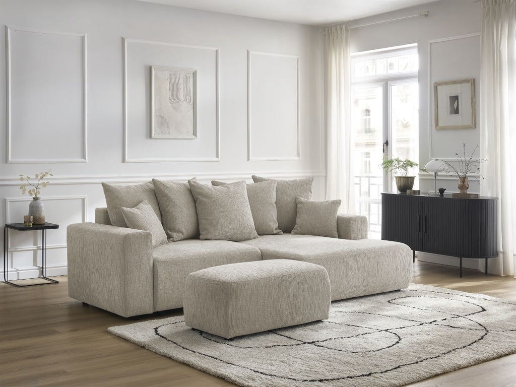 Canapé d'angle convertible coffre ATILLA tissu texturé avec pouf