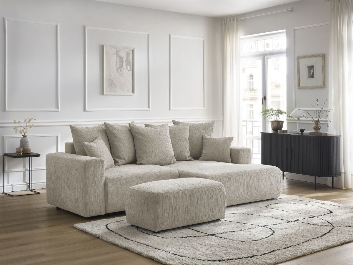 Canapé d'angle convertible coffre ATILLA tissu texturé avec pouf