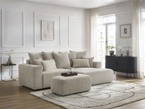 Canapé d'angle convertible coffre ATILLA tissu texturé avec pouf