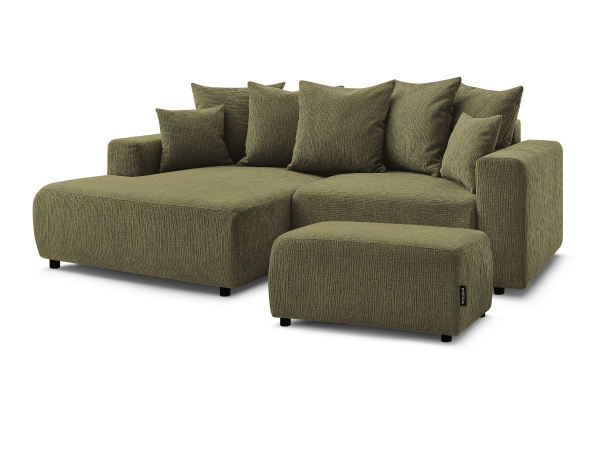 Canapé d'angle convertible coffre ATILLA tissu texturé avec pouf