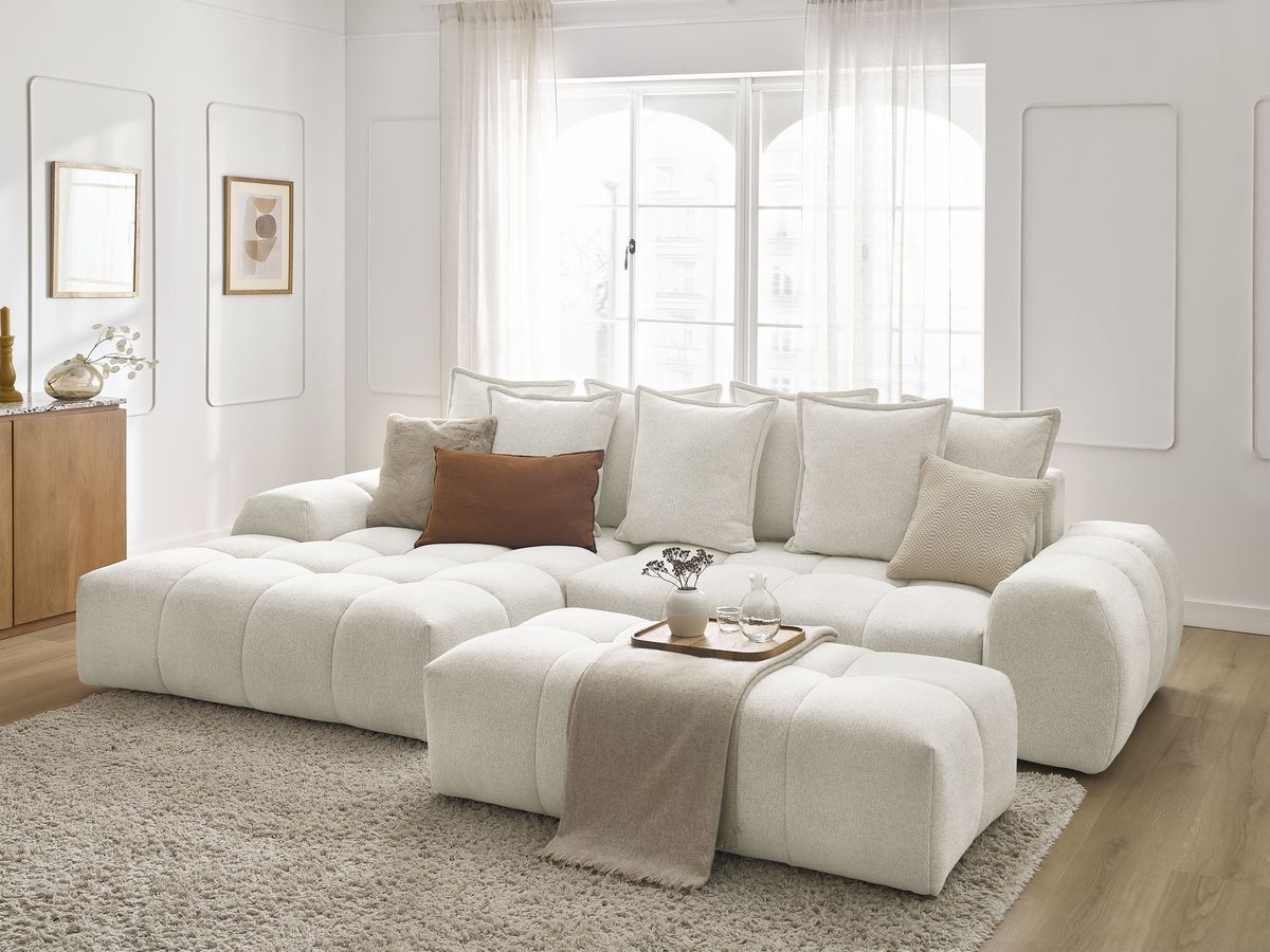 Canapé d'angle convertible coffre EVEREST tissu chiné avec pouf