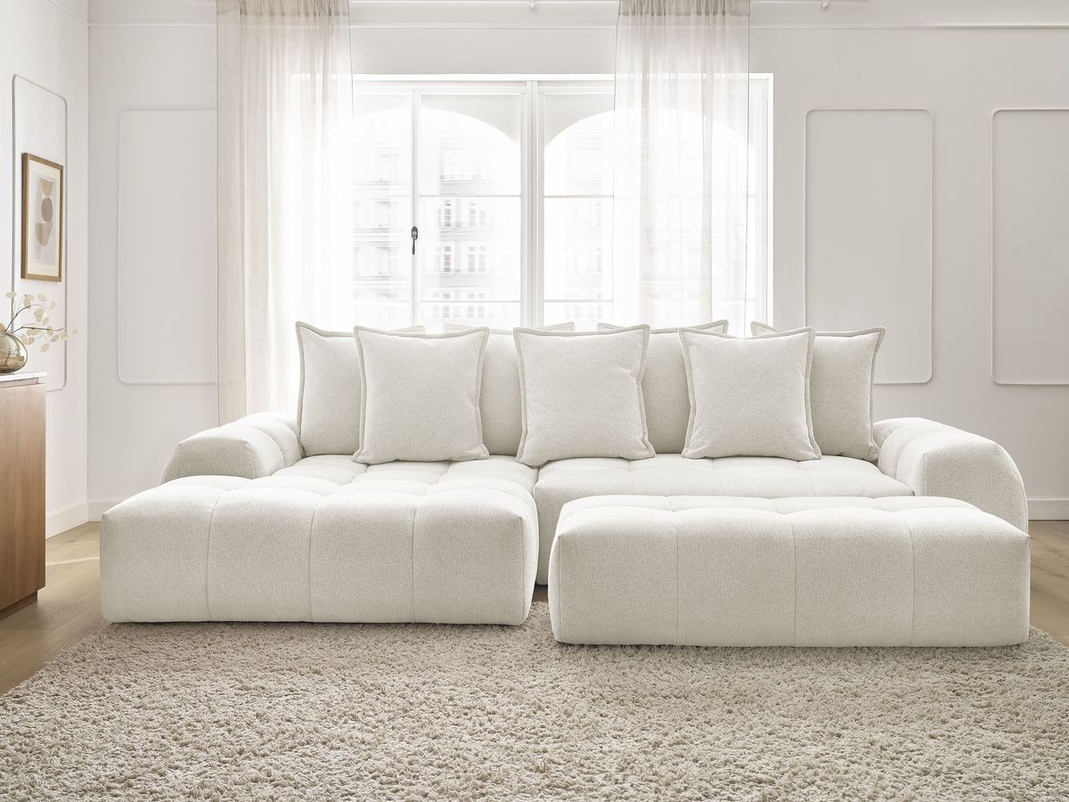 Canapé d'angle convertible coffre EVEREST tissu chiné avec pouf