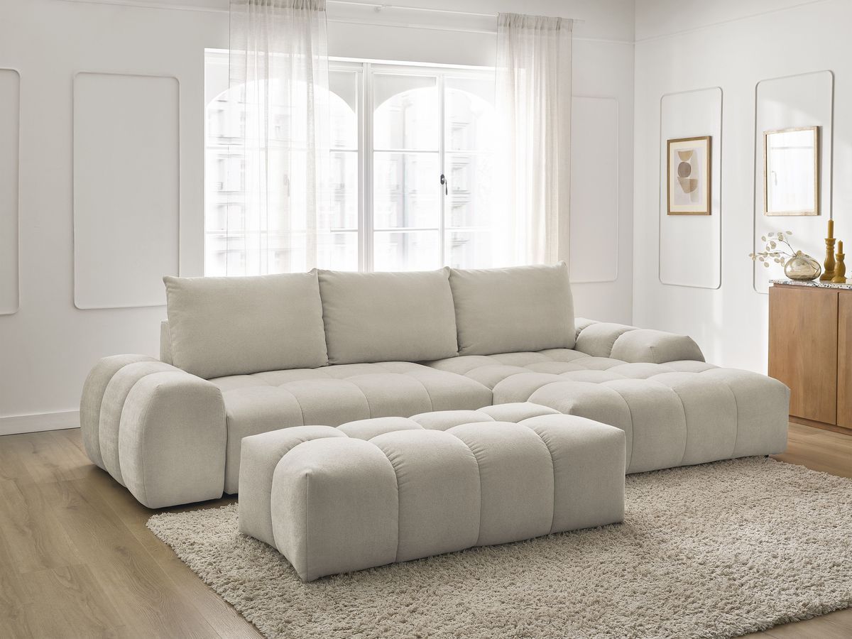 Canapé d'angle convertible coffre EVEREST tissu texturé avec pouf