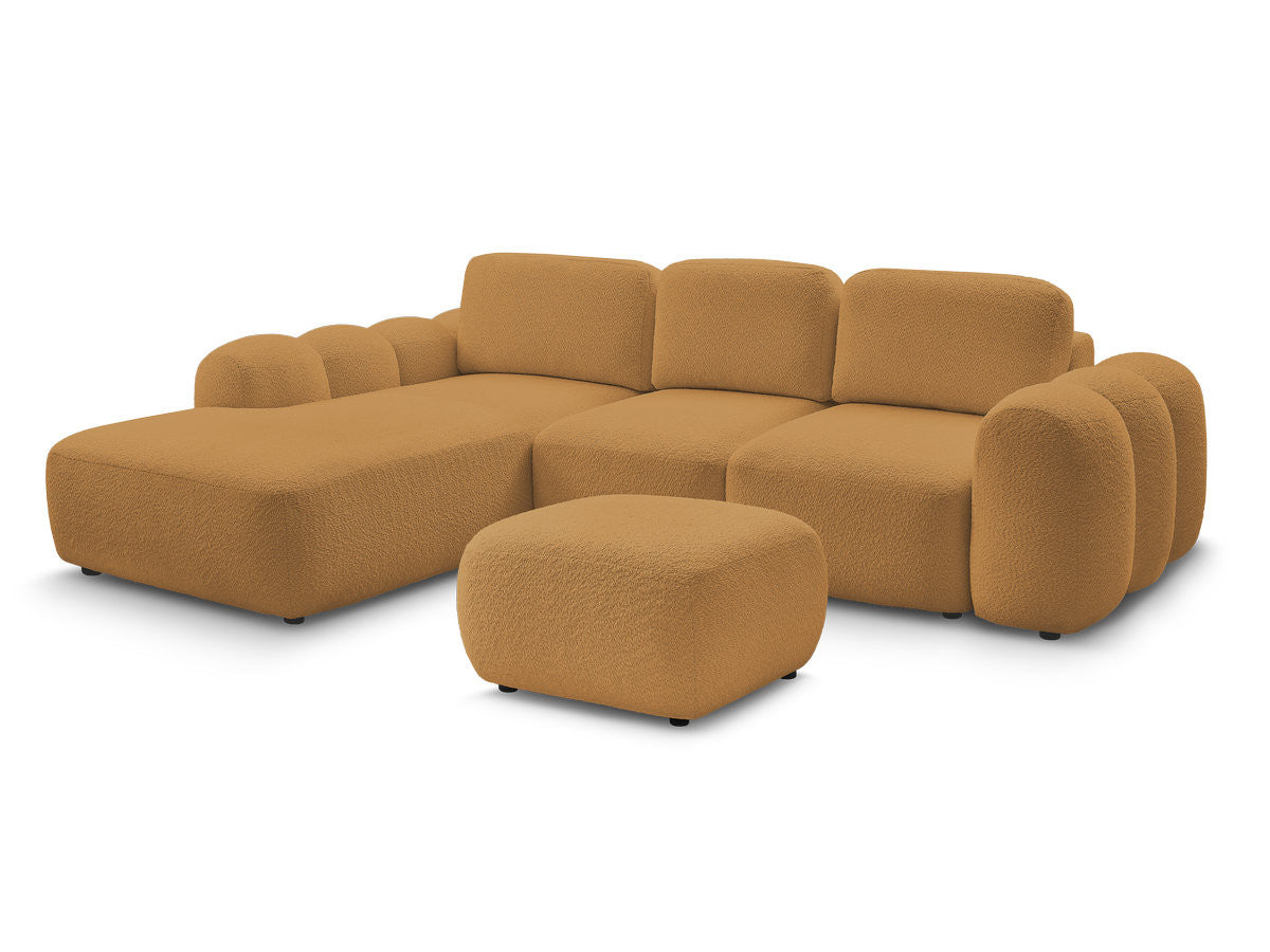 Canapé d'angle convertible coffre grande méridienne MONTAIGNE tissu bouclette avec pouf