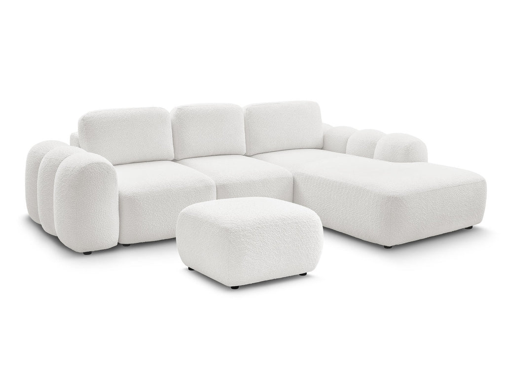 Canapé d'angle convertible coffre grande méridienne MONTAIGNE tissu bouclette avec pouf