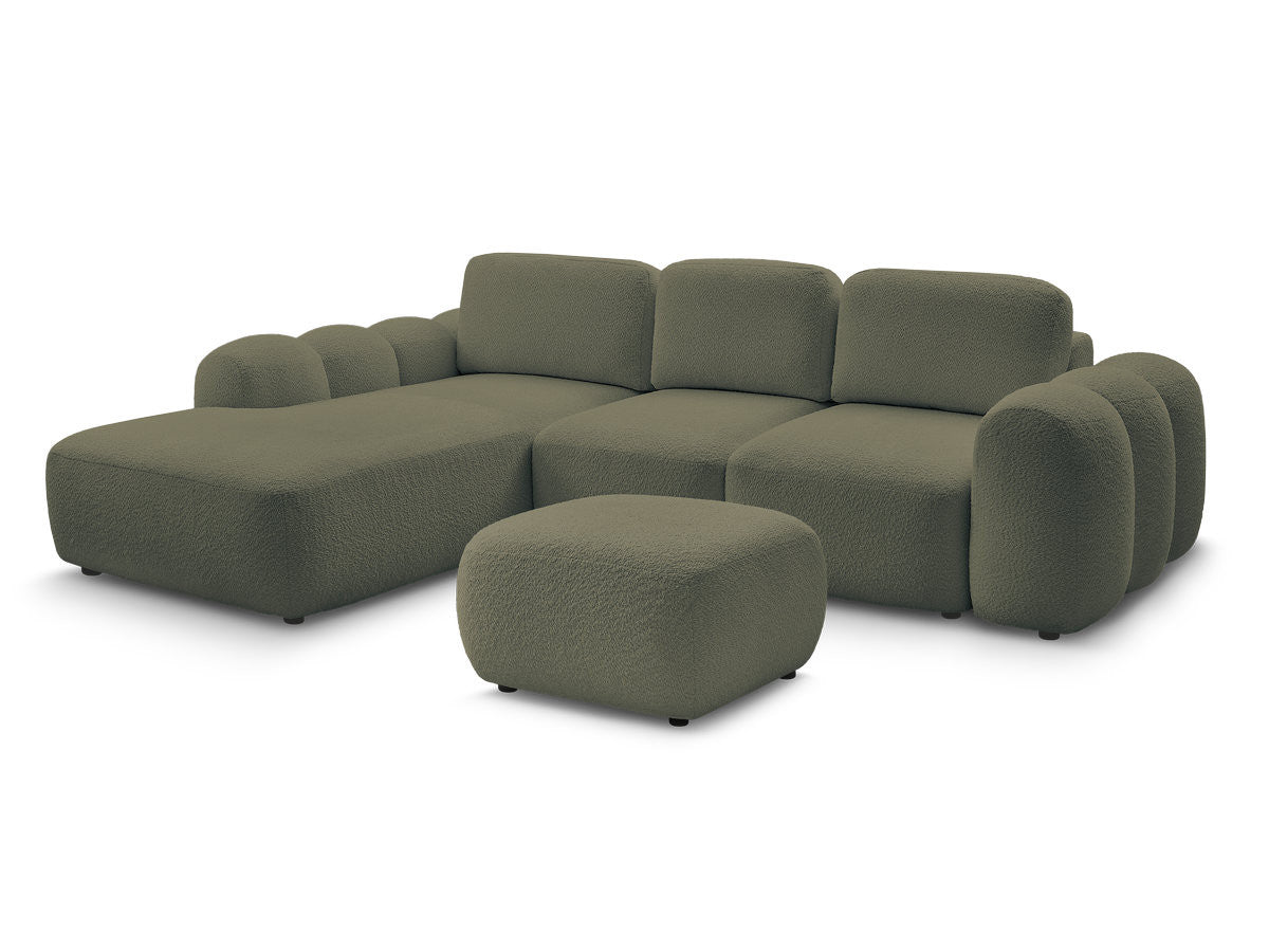 Canapé d'angle convertible coffre grande méridienne MONTAIGNE tissu bouclette avec pouf