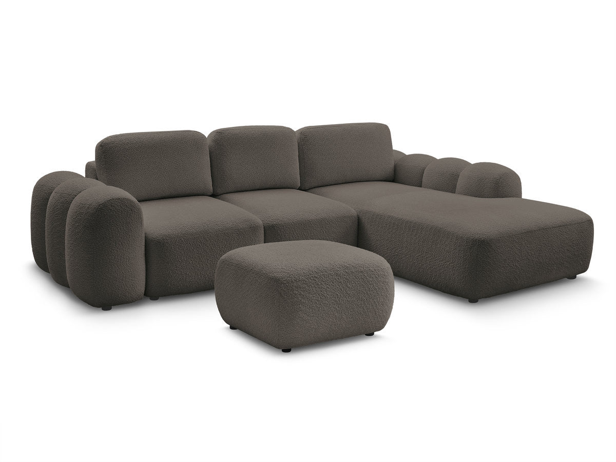 Canapé d'angle convertible coffre grande méridienne MONTAIGNE tissu bouclette avec pouf