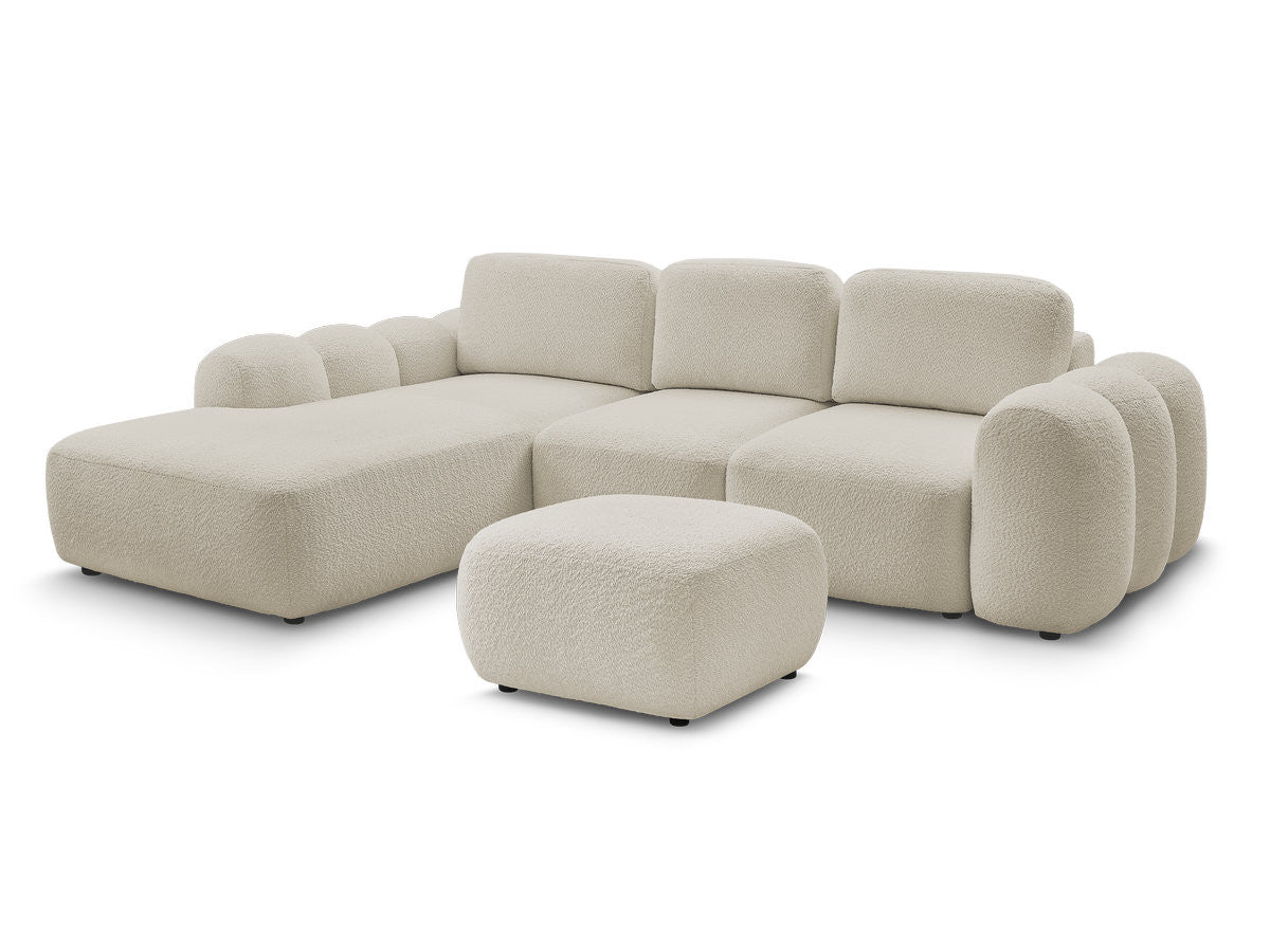 Canapé d'angle convertible coffre grande méridienne MONTAIGNE tissu bouclette avec pouf