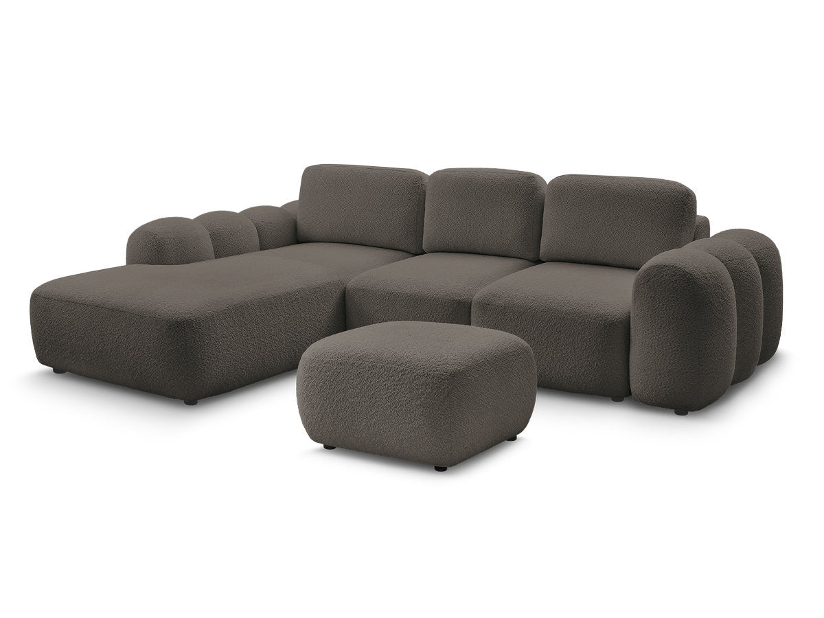 Canapé d'angle convertible coffre grande méridienne MONTAIGNE tissu bouclette avec pouf