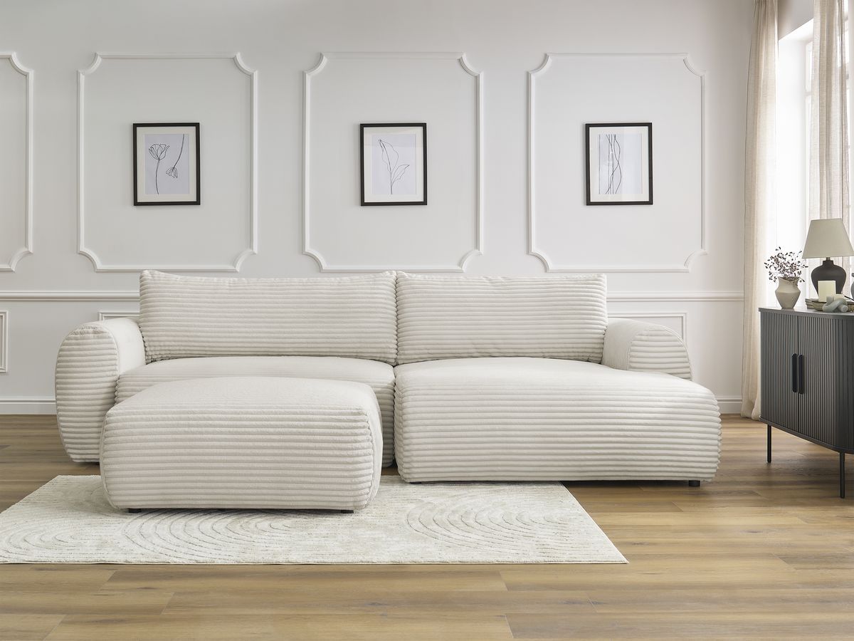 Canapé d'angle convertible coffre LUCIEN gros côtelé doux avec pouf