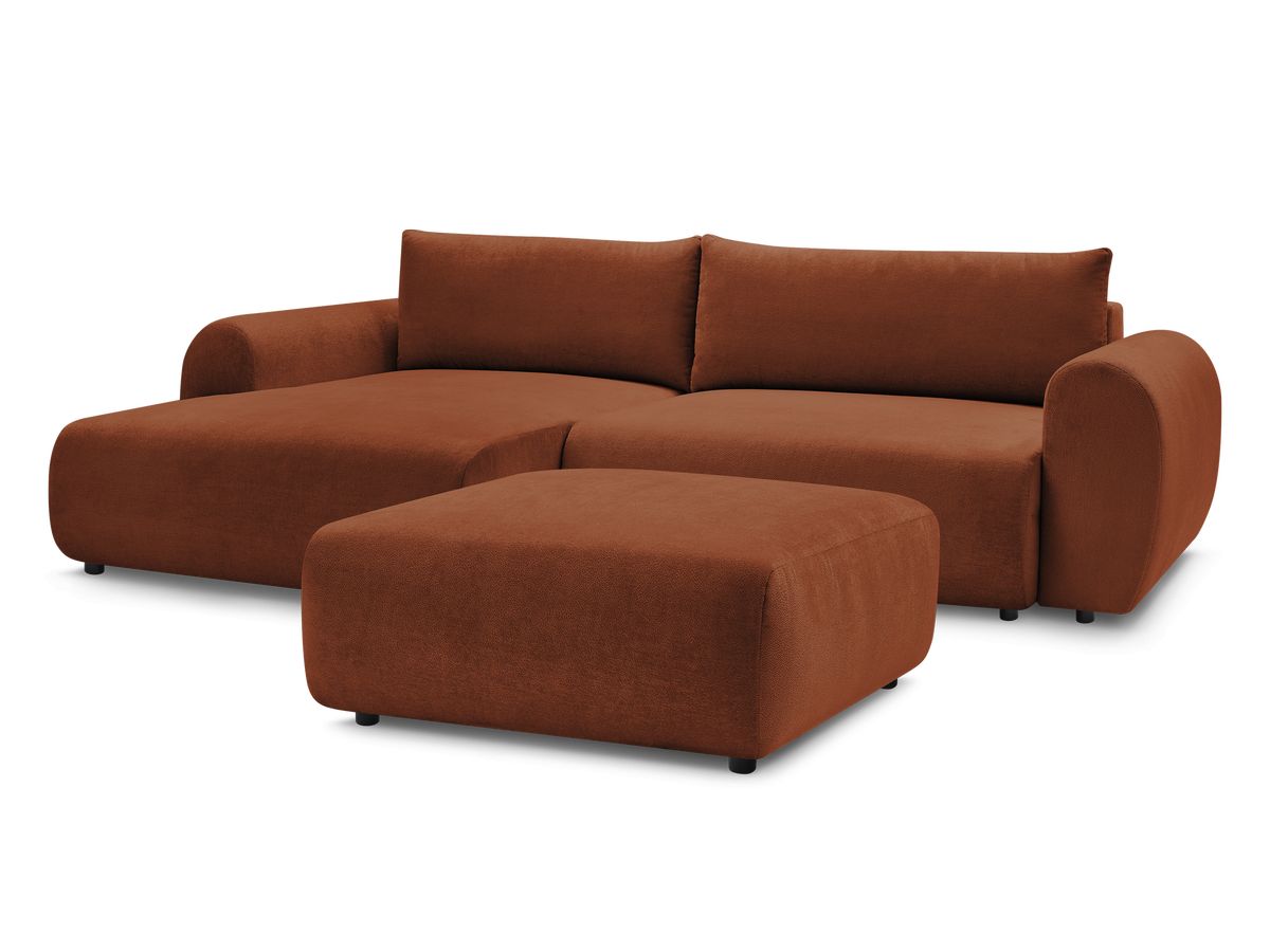 Canapé d'angle convertible coffre LUCIEN tissu lisse avec pouf