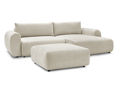 Canapé d'angle convertible coffre LUCIEN tissu lisse avec pouf
