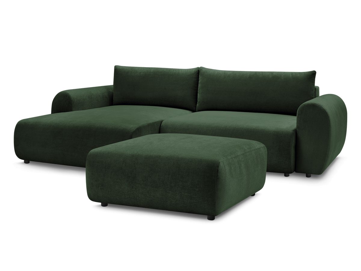 Canapé d'angle convertible coffre LUCIEN tissu lisse avec pouf