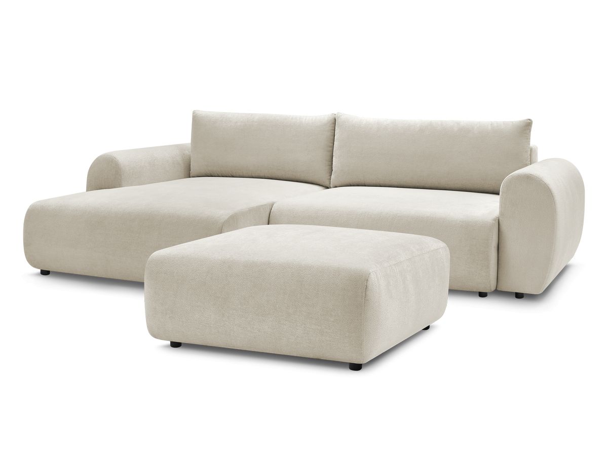 Canapé d'angle convertible coffre LUCIEN tissu lisse avec pouf