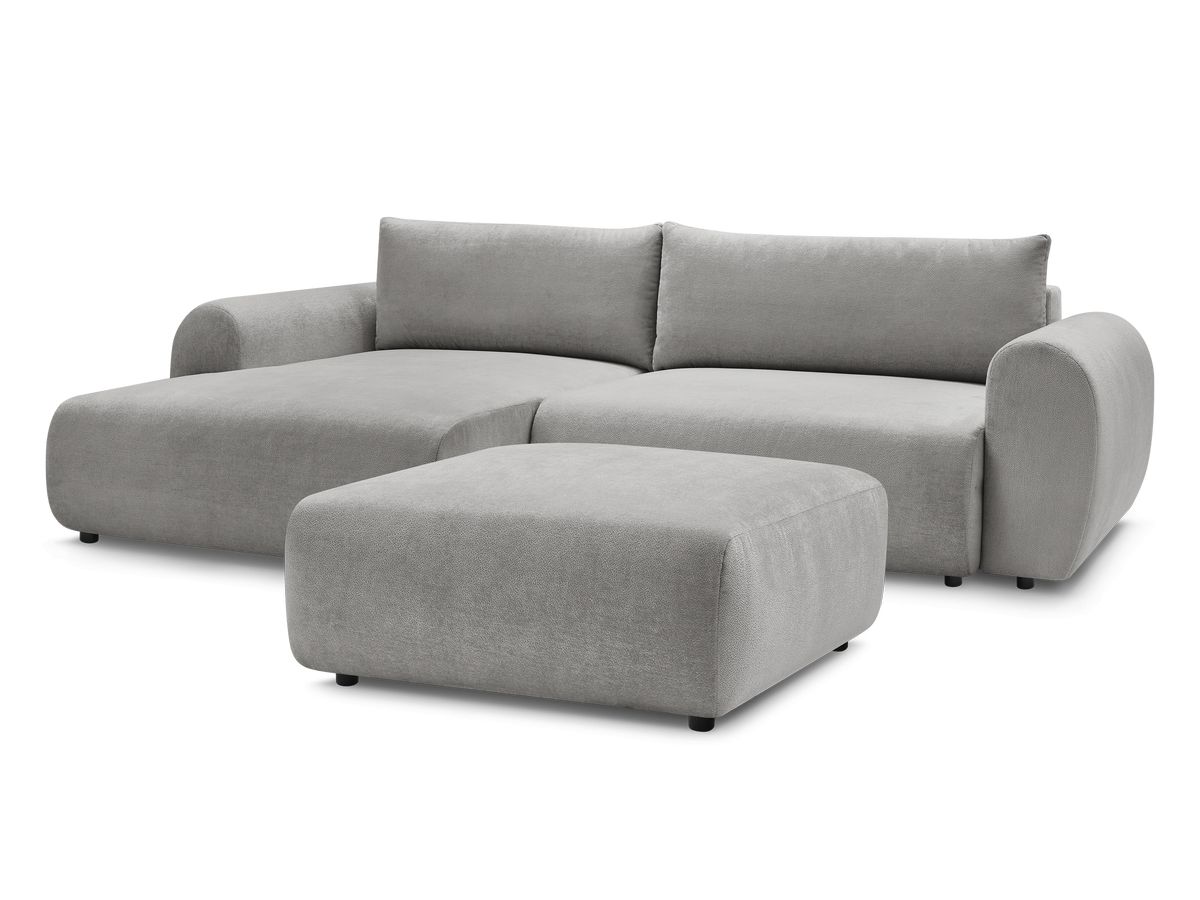 Canapé d'angle convertible coffre LUCIEN tissu lisse avec pouf