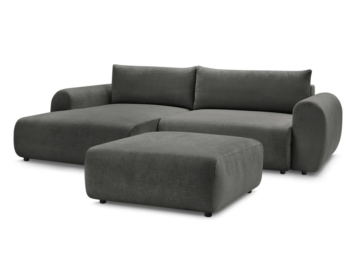Canapé d'angle convertible coffre LUCIEN tissu lisse avec pouf
