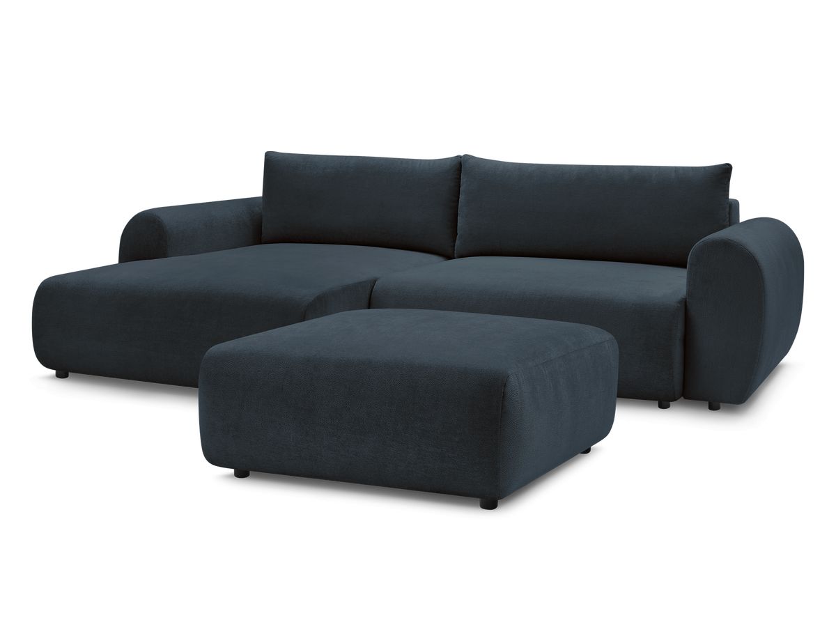 Canapé d'angle convertible coffre LUCIEN tissu lisse avec pouf