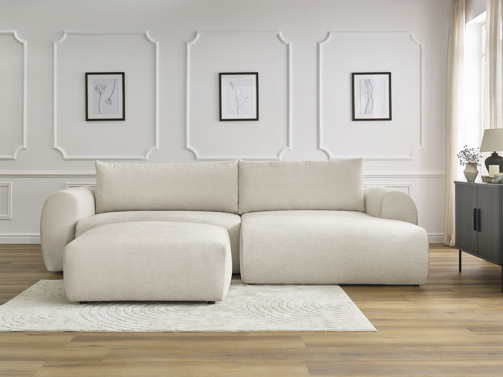 Canapé d'angle convertible coffre LUCIEN tissu lisse avec pouf