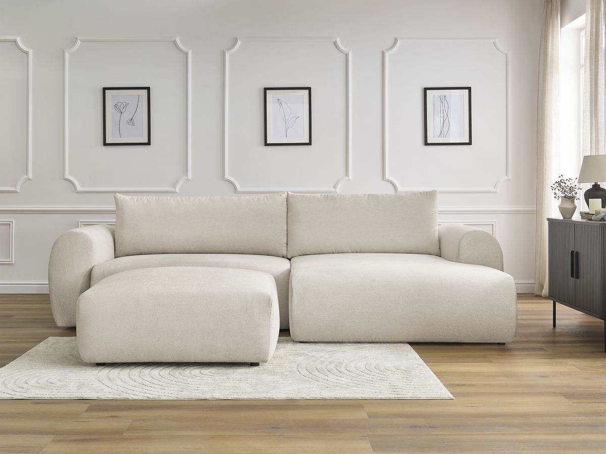 Canapé d'angle convertible coffre LUCIEN tissu lisse avec pouf