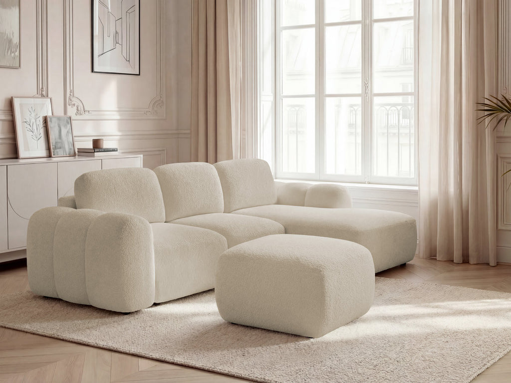 Canapé d'angle convertible coffre MONTAIGNE tissu bouclette avec pouf