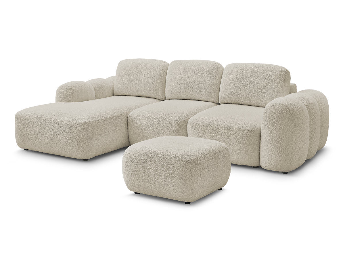 Canapé d'angle convertible coffre MONTAIGNE tissu bouclette avec pouf