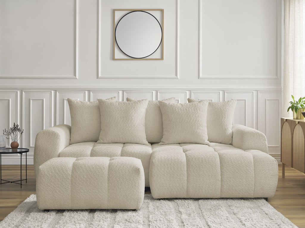 Canapé d'angle convertible coffre ROXELANE tissu bouclette avec pouf
