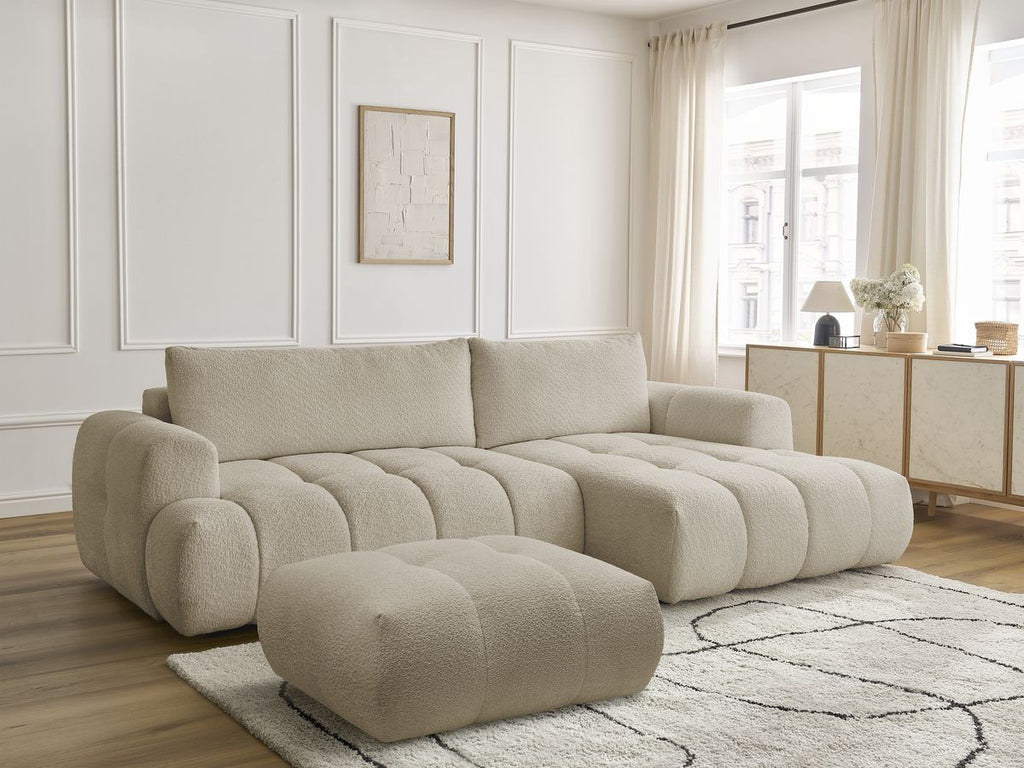 Canapé d'angle convertible FUJI tissu bouclette avec pouf