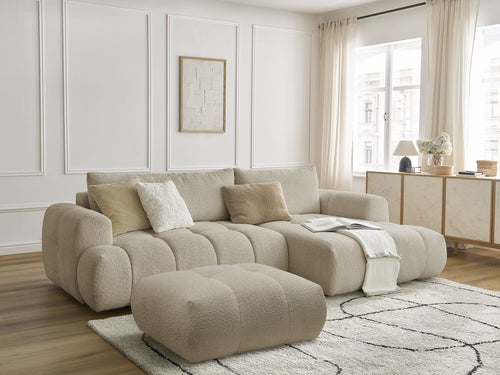 Canapé d'angle convertible FUJI tissu bouclette avec pouf