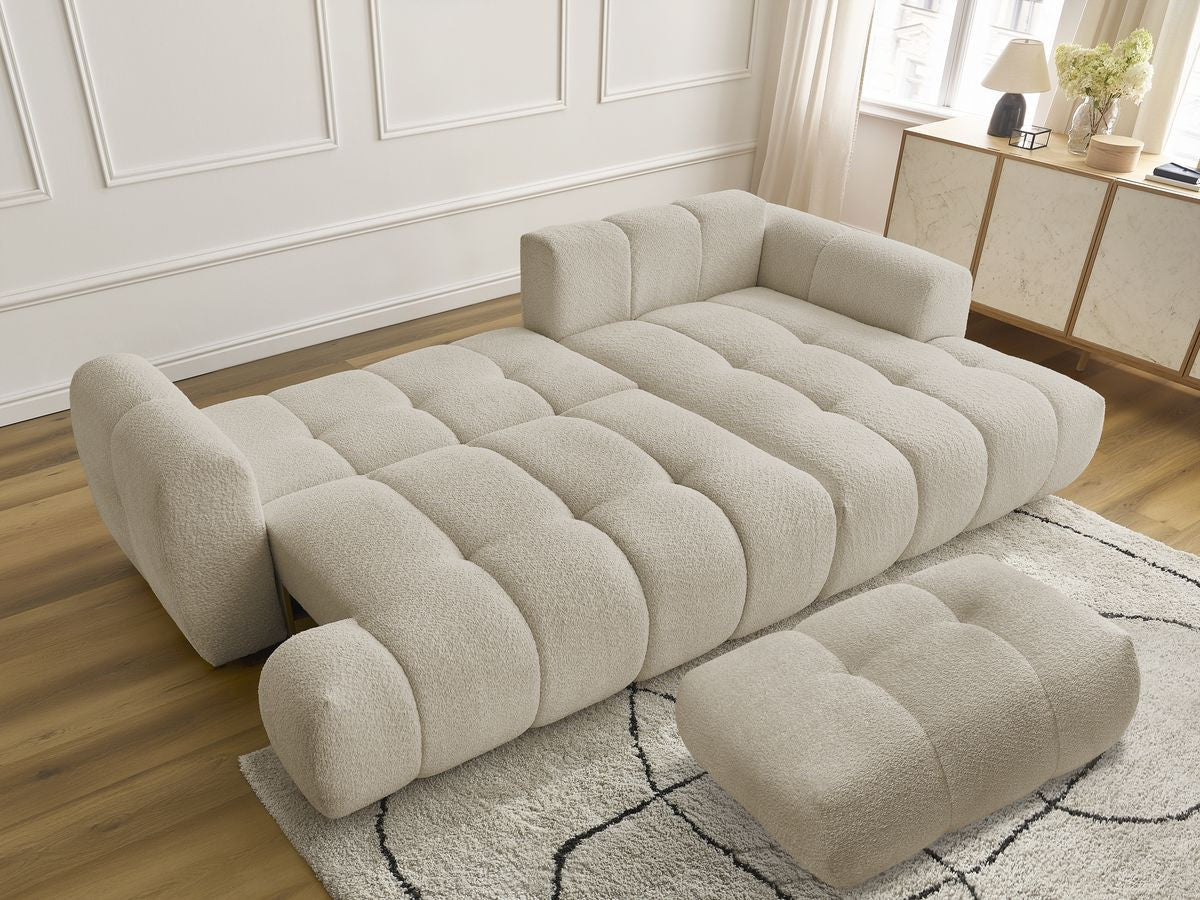 Canapé d'angle convertible FUJI tissu bouclette avec pouf