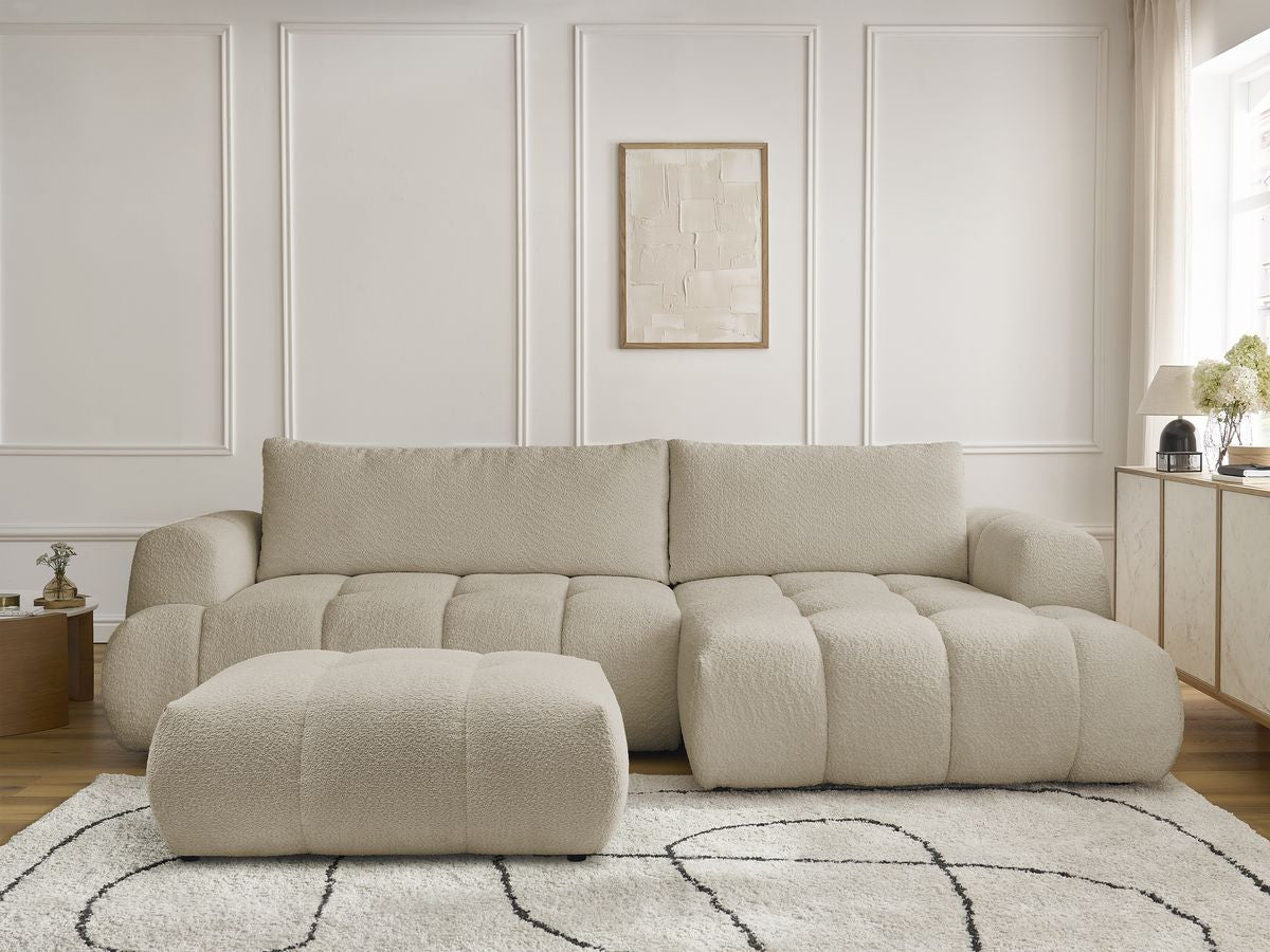 Canapé d'angle convertible FUJI tissu bouclette avec pouf