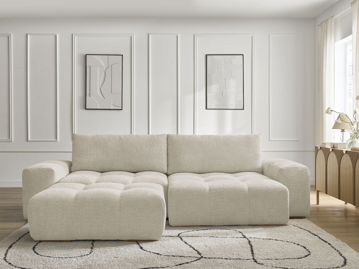 Canapé d'angle convertible réversible coffre ANAKIN tissu bouclette avec pouf