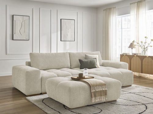 Canapé d'angle convertible réversible coffre ANAKIN tissu bouclette avec pouf
