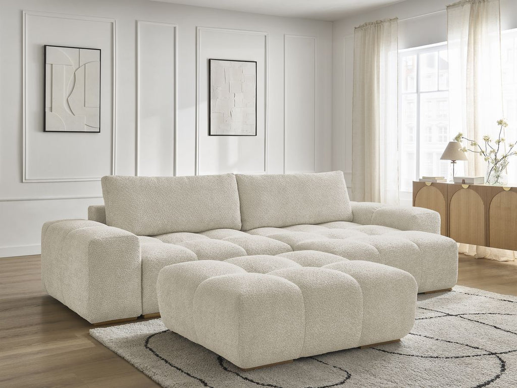 Canapé d'angle convertible réversible coffre ANAKIN tissu bouclette avec pouf