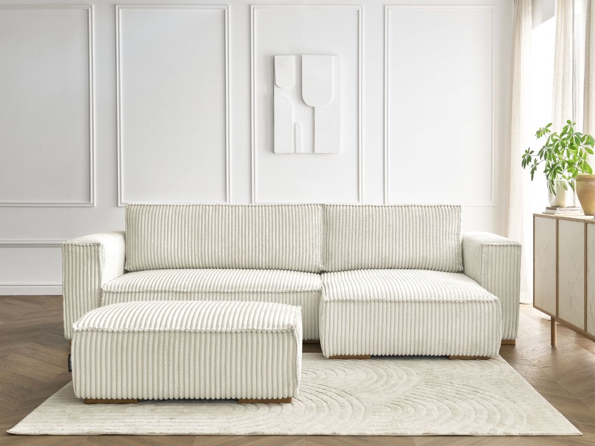 Canapé d'angle convertible réversible coffre CHELSEA gros côtelé doux avec pouf