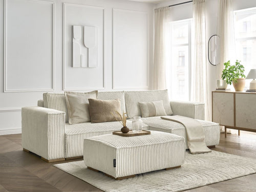 Canapé d'angle convertible réversible coffre CHELSEA gros côtelé doux avec pouf