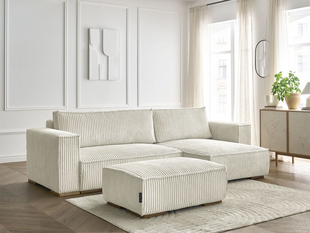 Canapé d'angle convertible réversible coffre CHELSEA gros côtelé doux avec pouf