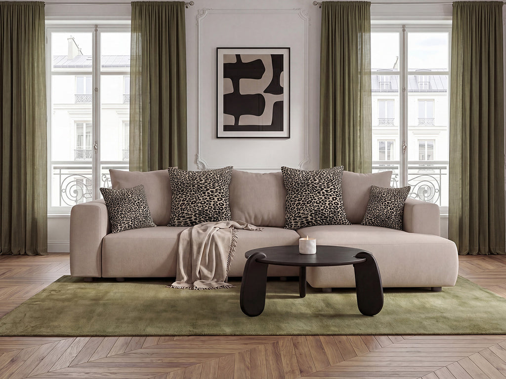 Canapé d'angle convertible réversible coffre SIDONIE avec coussins à motif léopard