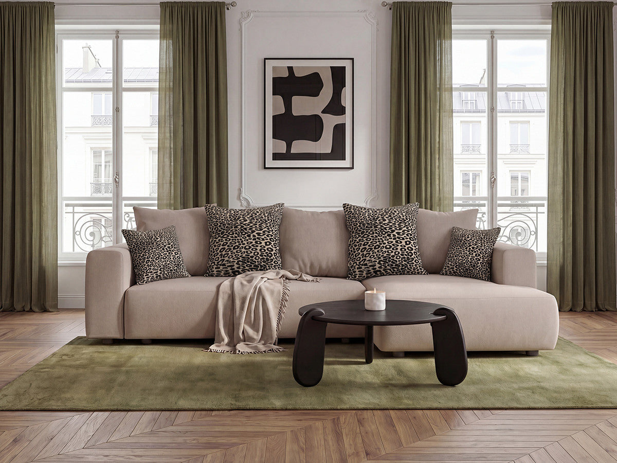 Canapé d'angle convertible réversible coffre SIDONIE avec coussins à motif léopard