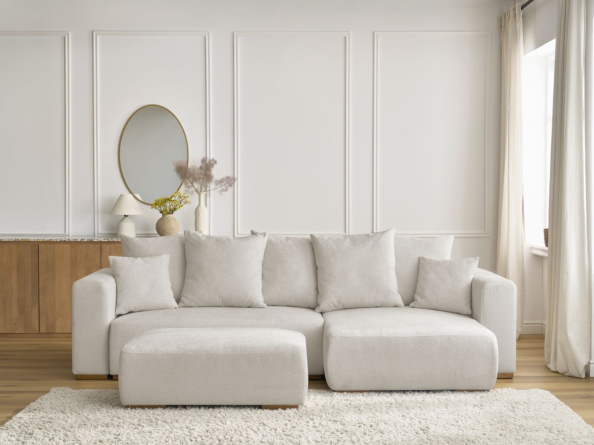 Canapé d'angle convertible réversible coffre SIDONIE tissu chiné avec pouf