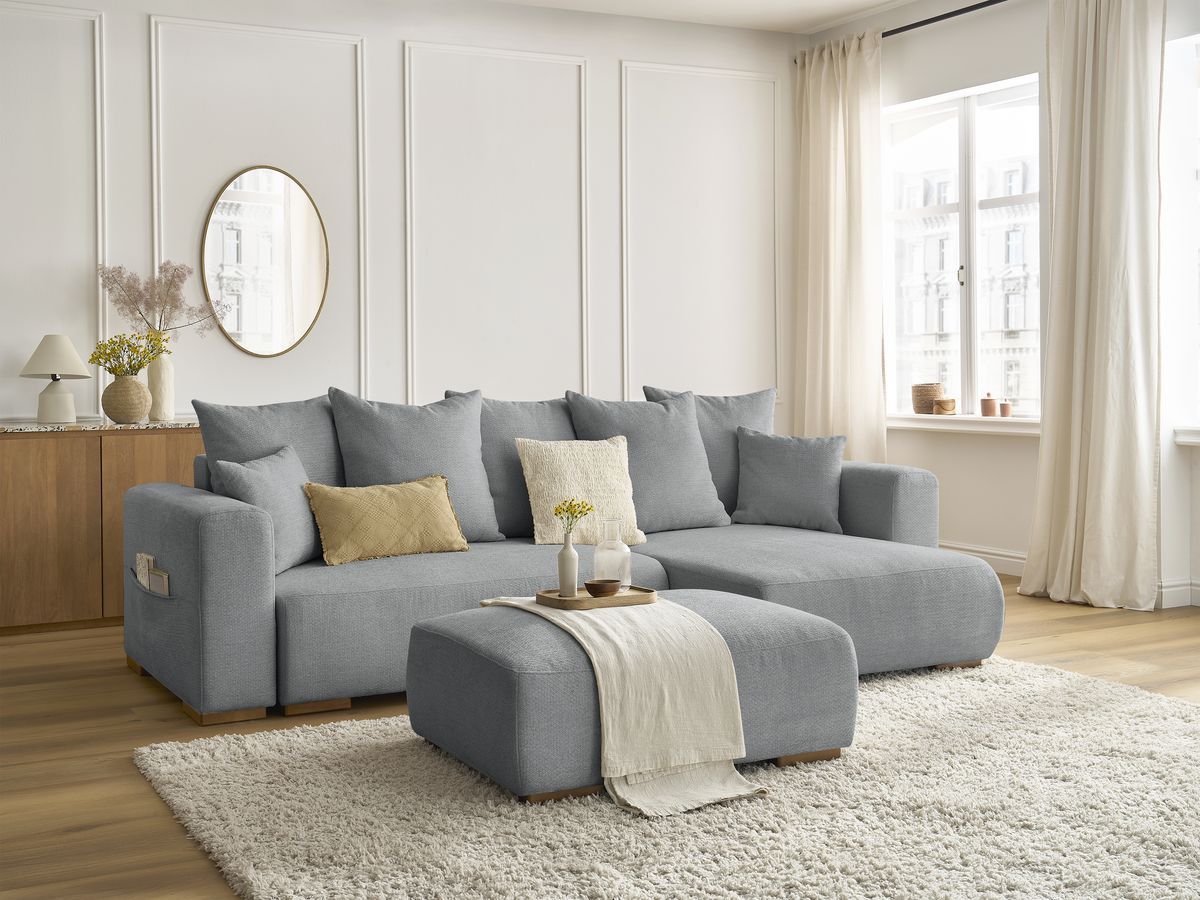 Canapé d'angle convertible réversible coffre SIDONIE tissu chiné avec pouf