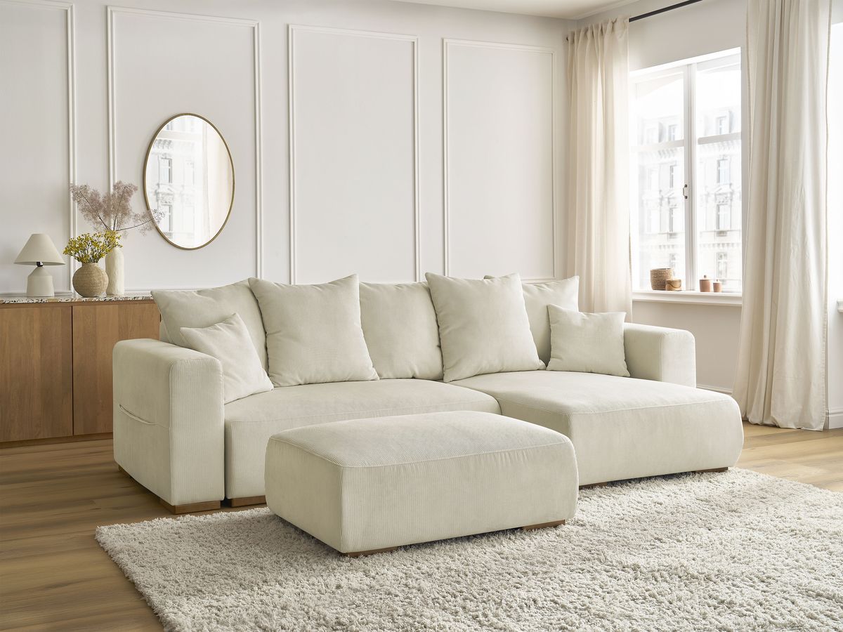 Canapé d'angle convertible réversible coffre SIDONIE velours côtelé avec pouf