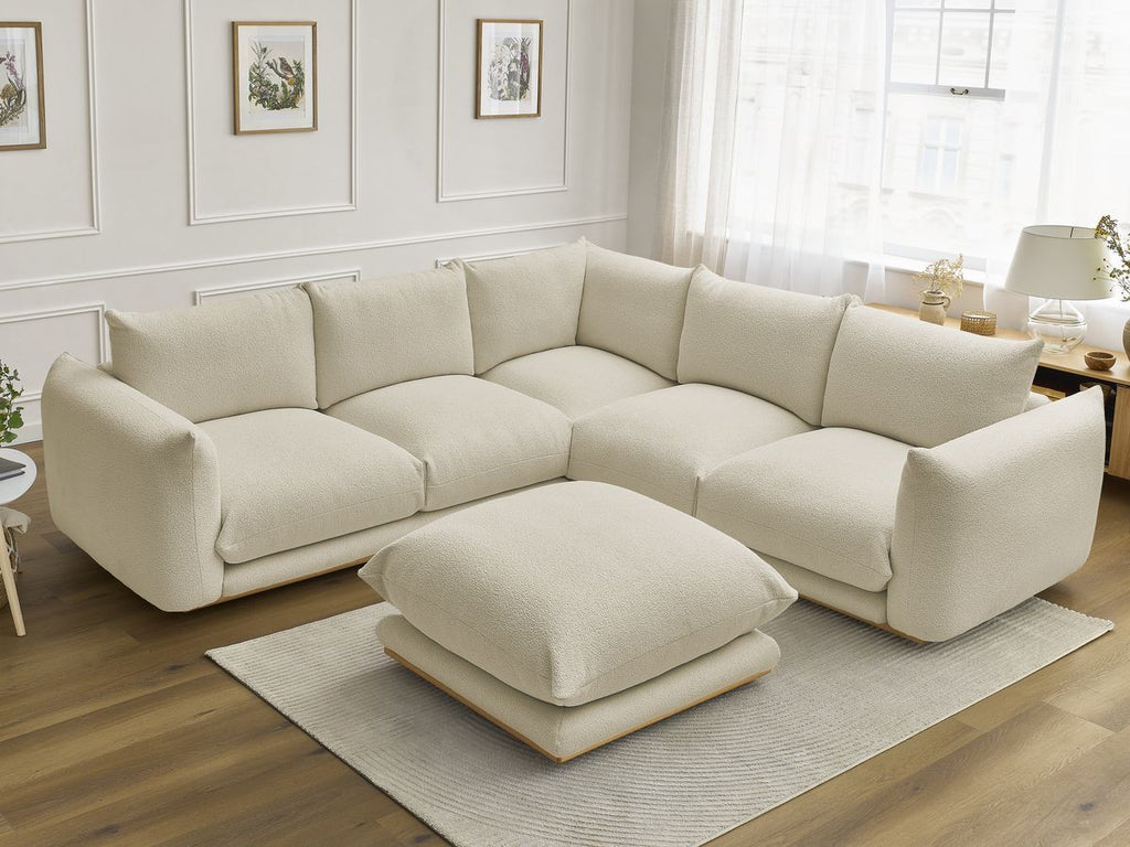 Canapé d'angle fixe ERNEST tissu bouclette avec pouf